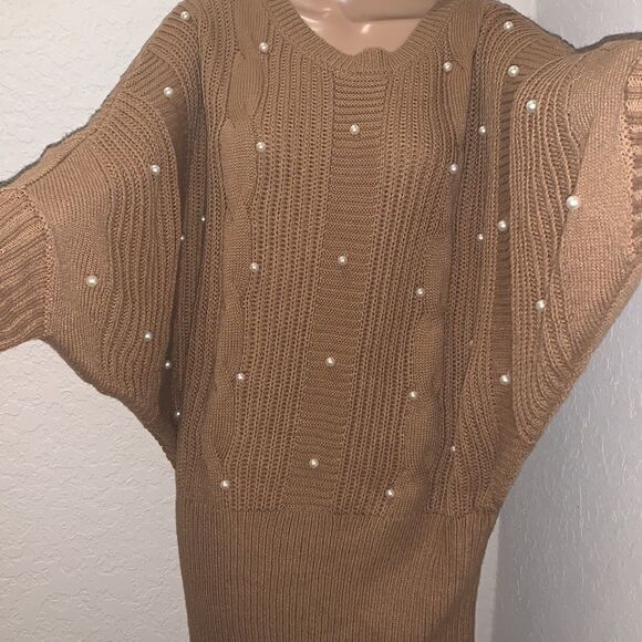 Cable Knit Camel Sweater Dress with Pearls - Picture 7 of 17